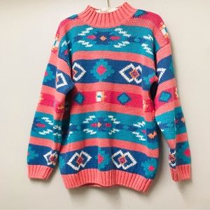 VTG Nuovo women SZ M Pink Knit Cotton Ramie Mock 90s Aztec Southwestern Sweater